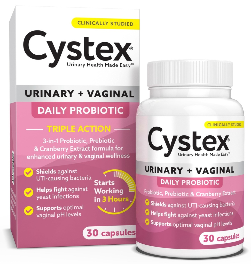 Cystex 3-en-1 probiotique de traitement urinaire pour les femmes - Soutien rapide de l'ITU et de l'infection des levures avec prébiotiques, probiotiques et canneberges - Soutient pH vaginal et équilibre de la flore - 30 capsules