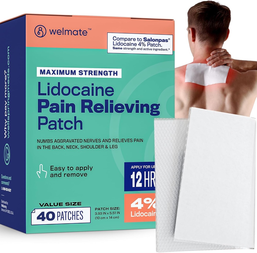 Patchs de douleur WELMATE Résistance maximale Lidocaïne 4% Numérotation topique Analgésique – Patchs de lidocaïne pour le soulagement de la douleur nerveuse et dorsale, Sciatique, Paille musculaire du cou, genou, articulation de l'épaule, hanche, pied (40ct)