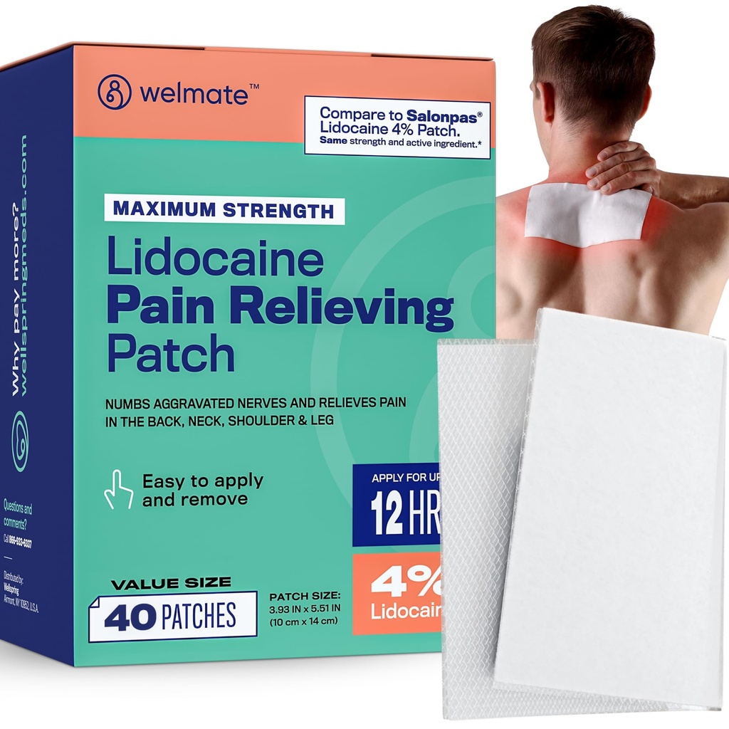 Patchs de douleur WELMATE Résistance maximale Lidocaïne 4% Numérotation topique Analgésique – Patchs de lidocaïne pour le soulagement de la douleur nerveuse et dorsale, Sciatique, Paille musculaire du cou, genou, articulation de l'épaule, hanche, pied (40ct)