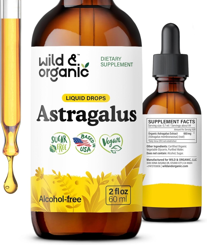 Teinture d'Astragalus sauvage et biologique - gouttes de soutien immunitaire avec extrait de racine d'Astragalus - supplément à base de plantes pour calme et relaxation - végétalien, sans sucre et sans alcool - 2 fl oz