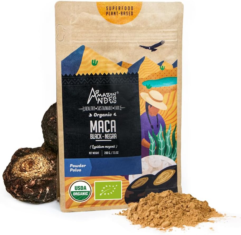 Andes Black Maca Root Powder (Lepidium meyenii) - contient des glucides et minéraux - Adaptogen superfood & Health Promotor - gélatinisé, végétalien, sans OGM et sans allégène - 7 Once (40 portions)