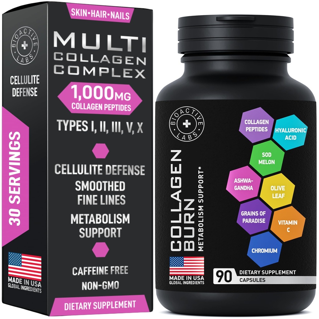 Capsules thermogéniques Multi Collagène Burn - Avancé Type I, II, III, V, X Hydrolysé Collagène Peptides Plus Acide Hyaluronique - Métabolisme, Cellulite, Peau, Cheveux, Nails Support - 90 Caps Collagène Burn