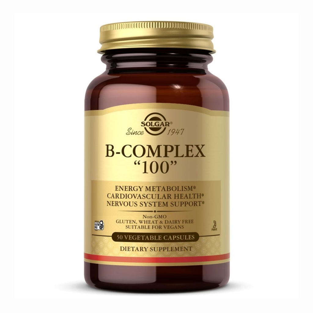 Solgar B-Complex 100" - 50 capsules végétales - Métabolisme énergétique, support du système nerveux - Non-OGM, végétalien, sans gluten - 50 portions