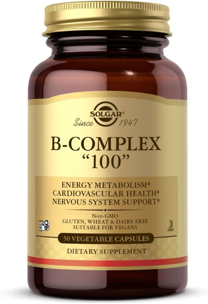 Solgar B-Complex 100" - 50 capsules végétales - Métabolisme énergétique, support du système nerveux - Non-OGM, végétalien, sans gluten - 50 portions