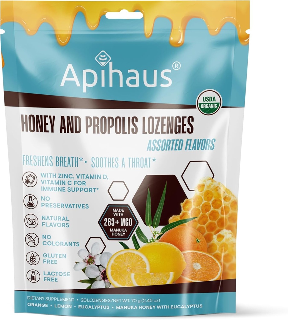 Miel et propolis Lozenges Assortiment de saveurs, fraiche la respiration - Apaisant une gorge- Immune Soutien avec vitamine C, vitamine D et zinc, 20 Compte