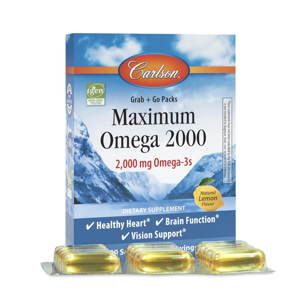 Carlson - Maximum Omega 2000 Grab + Go Packs, 2000 mg Omega-3s, Wild-Caught, Supplément d'huile de poisson norvégien, Capsules d'huile de poisson à source durable, Citron, 30 Softgel Pack