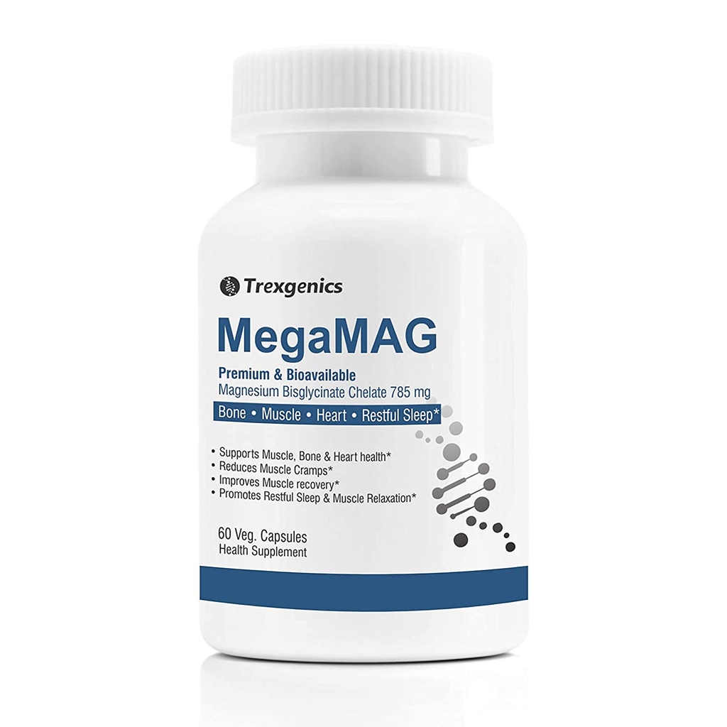 A.K. Trexgenics MegaMAG Magnésium Bisglycinate Elemental Magnésium 220 mg/2 Caps avec Glycine Avantages - La plupart Biodisponible Magnésium pour le sommeil, les muscles, les os et le soutien cardiaque (60 Gélules)
