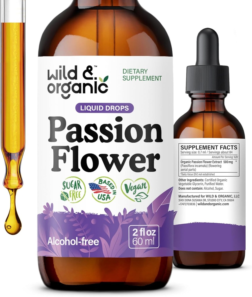Teinture de fleurs de passion sauvage et biologique - Des gouttes de fleurs de passion relaxantes pour les femmes - Passiflora liquide Incarnata Herb - Vegan, sucre et extrait sans alcool - 2 fl oz