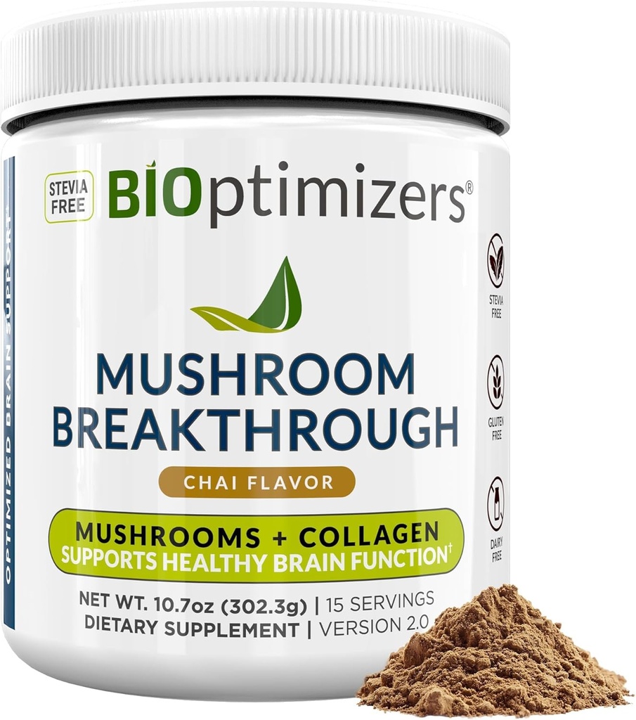 BIOptimizers Coffee Alternative de champignons – Chai Drink – Lions Mane, Chaga, Reishi + Collagen Peptides pour Focus, Energy & Gut Health – Champignons adaptogènes et poudre MCT – 15 portions