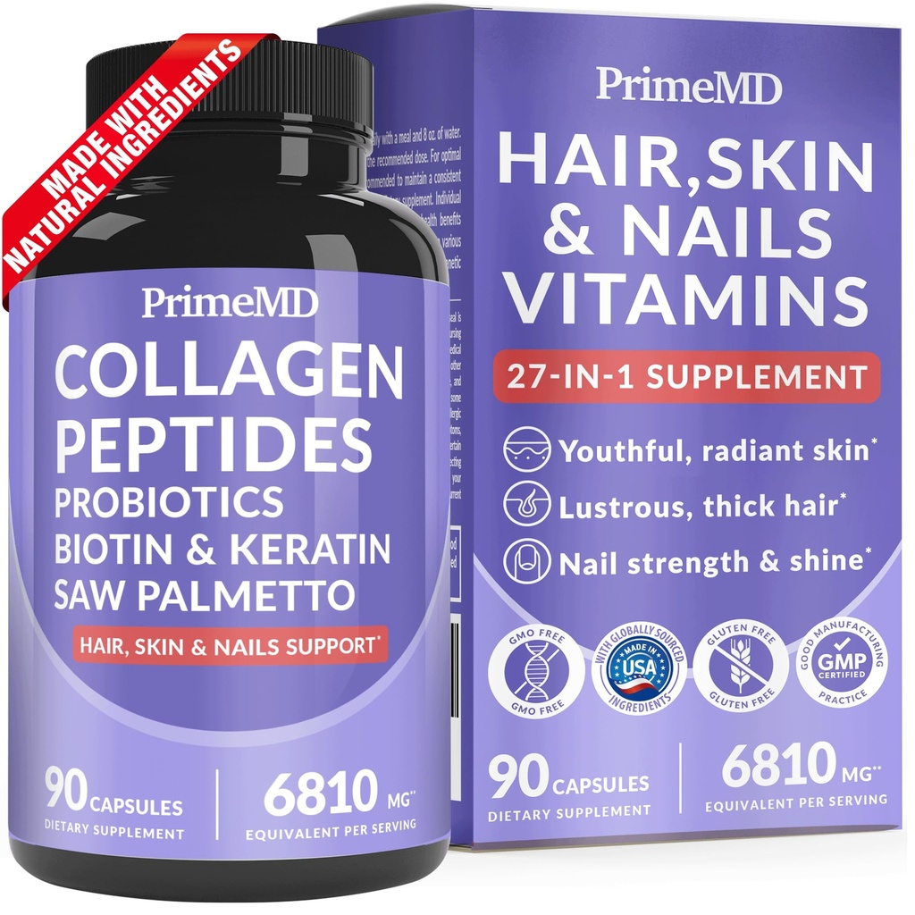 27-en-1 Peau de cheveux et ongles vitamines (6810mg) avec biotine 10000mcg - Suppléments de collagène pour les hommes et les femmes - Suppléments de kératine avec probiotiques et Palmetto de scie, 90ct