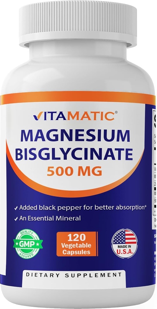 Magnésium vitamatique (à partir de bisglycinate et d'oxyde) avec vitamine D3 et zinc - 120 Capsules de Veg - Supporte la santé musculaire, articulaire, nerveuse et cardiaque – Non-OGM, sans gluten