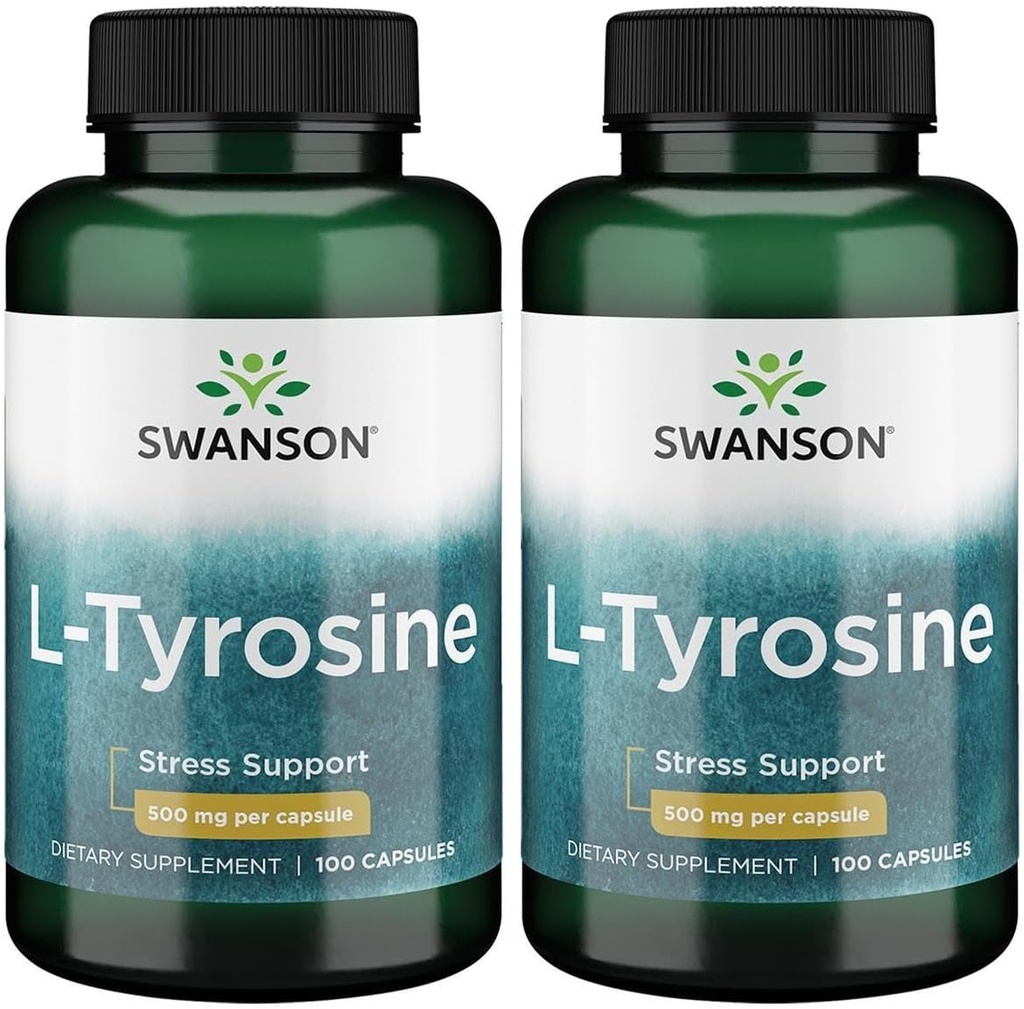 Swanson L-Tyrosine - Supplément à l'acide amino Promouvoir le soutien au stress, la fonction cognitive et la clarté mentale - Aide à soutenir la santé globale du cerveau - (100 capsules, 500 mg chacune) (2 pack)