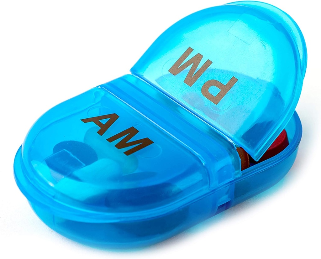 Deke Home - Pill Organizer AM PM, 2 Compartment Pill Box for Pocket or Purse, Small Daily Medicine Case, Travel Pill Holder, Easy Open Pill Container, Vitamins & Supplements (Blue, Pack of 1)