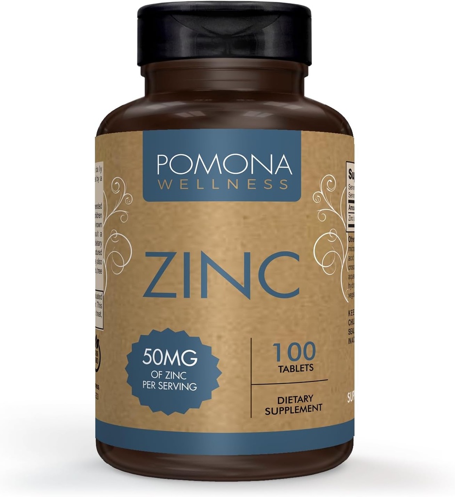 Pomona Wellness Zinc suppléments pour adultes, 50mg, santé de la peau et le soutien immunitaire, facile à avaler, pour antioxydant et la santé globale, végétalien, non-OGM, 100 comprimés