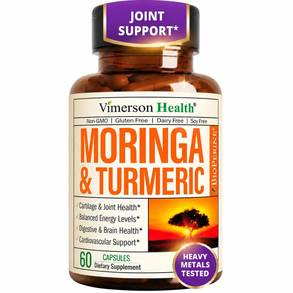 Moringa + Curcumin curcumin curcumin pour la santé, la santé de Gut, l'énergie et le soutien immunitaire - Formule de bien-être total - Curcumin curcumin curcumin tumérique avec des gélules de poivre noir et de moringa pur - 60 Compte