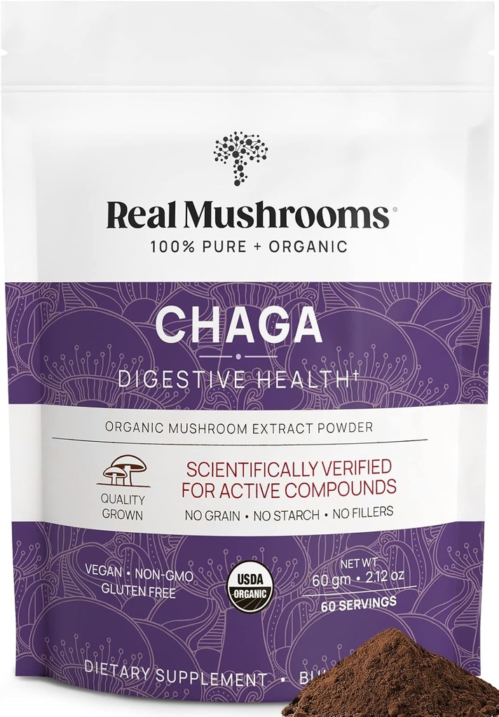 Véritables champignons Chaga Poudre de champignons – Extrait de chaga biologique du corps fruitier – pour le bien-être quotidien et le soutien énergétique – végétalien, non-OGM, 60 portions Supplément de champignons