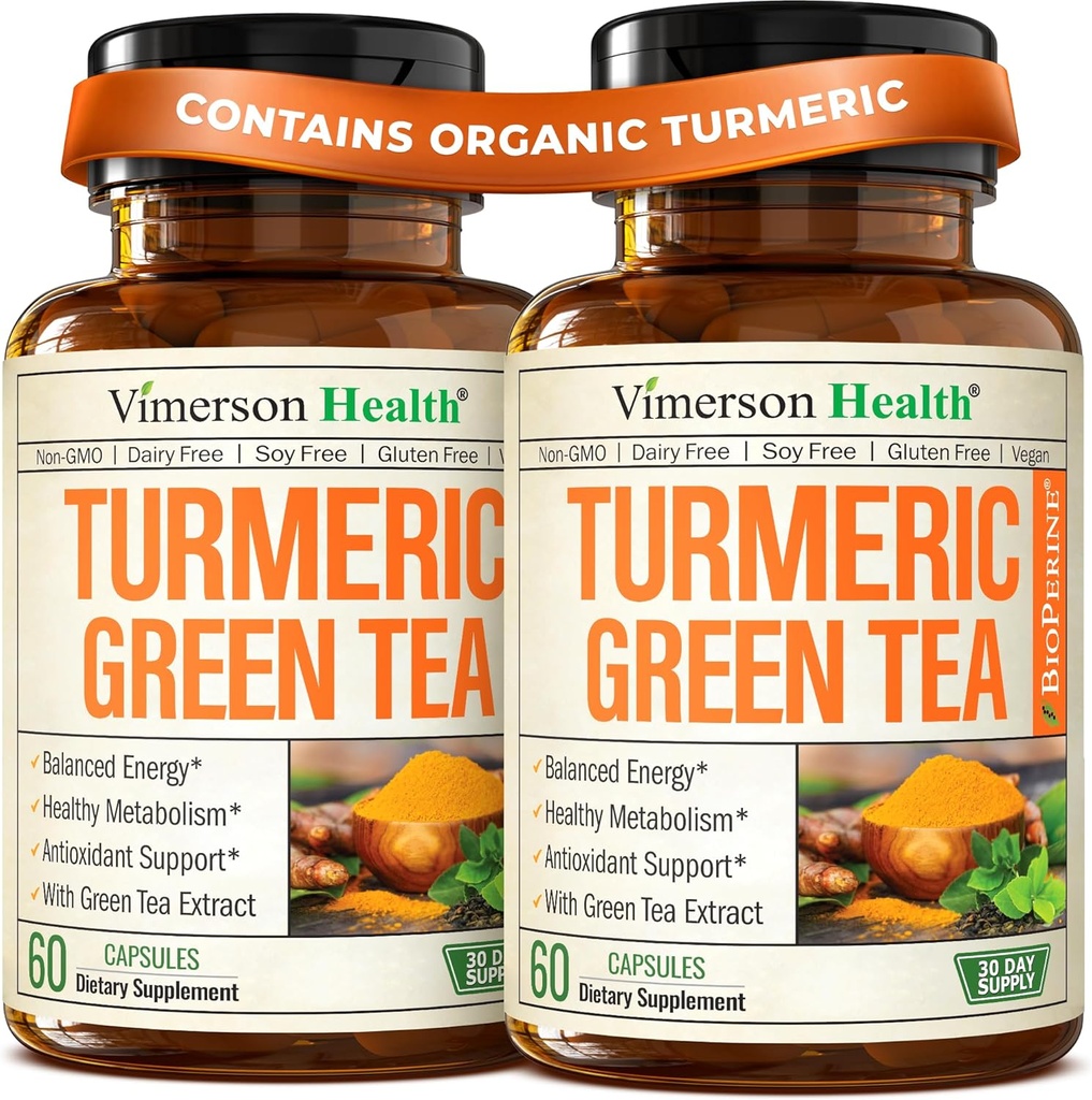 Supplément curcumine curcumine curcumine avec extrait de thé vert (ECGC) et vitamine C pour équilibre articulaire santé, énergie et inflammation - Curcumine tumère organique avec poivre noir - sans gluten, sans OGM.