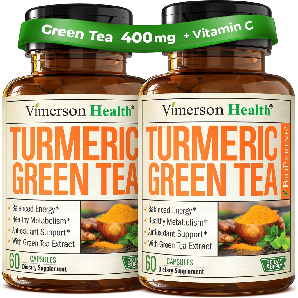Supplément curcumine curcumine curcumine avec extrait de thé vert (ECGC) et vitamine C pour équilibre articulaire santé, énergie et inflammation - Curcumine tumère organique avec poivre noir - sans gluten, sans OGM.
