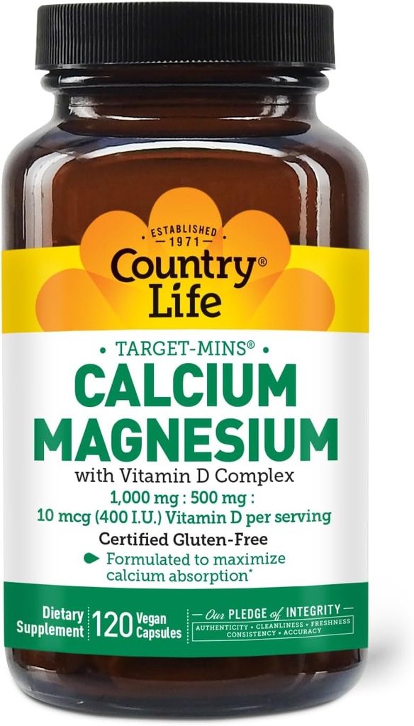 Pays Vie Cible-Mins Calcium Magnésium avec vitamine D-Complex, 1000mg/500mg/10mcg, 120 Capsules Vegan, Certifié Sans gluten, Vegan certifié, Vérifié non-OGM