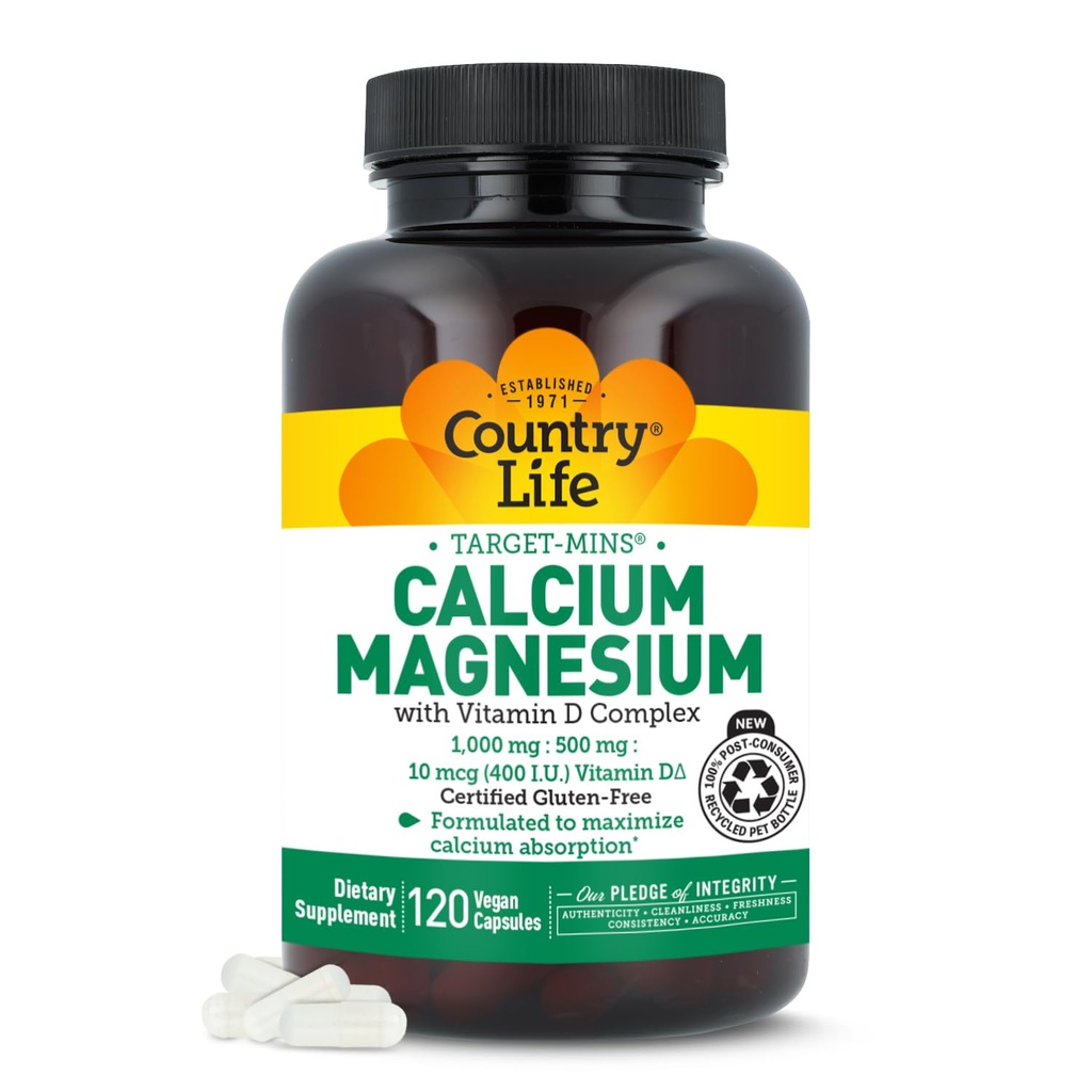Pays Vie Cible-Mins Calcium Magnésium avec vitamine D-Complex, 1000mg/500mg/10mcg, 120 Capsules Vegan, Certifié Sans gluten, Vegan certifié, Vérifié non-OGM