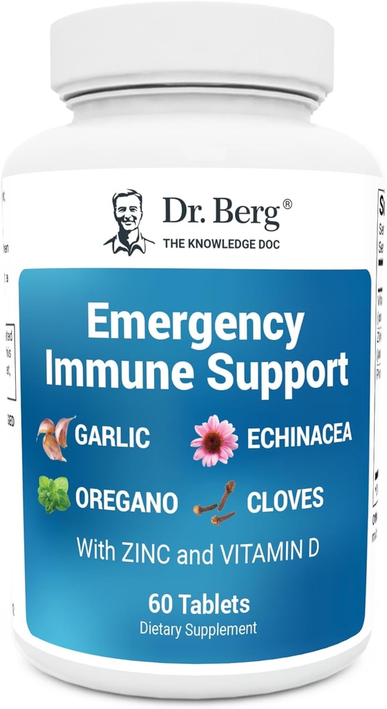 Dr Berg Soutien immunitaire d'urgence avec/Echinacea - Potent Blend of Herbal Extracts (Attention : fortes odeurs de plantes) - Supplément de soutien immunitaire comprend 2 000 UI de vitamine D et 10mg de zinc - 60 comprimés