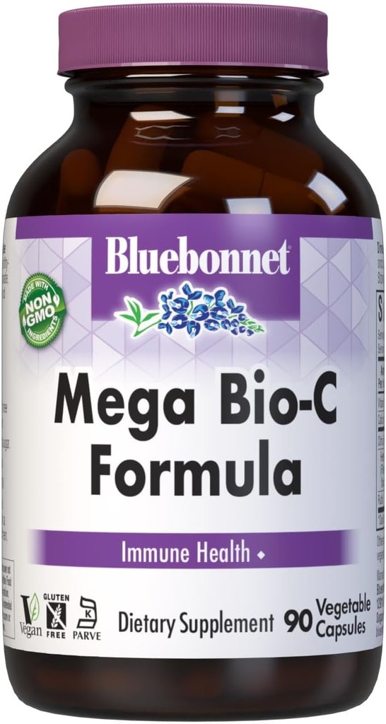 Bluebonnet Nutrition Mega Bio-C Formule Capsules végétales, vitamine C à forte puissance buvée, pour la santé immunitaire, sans soja, sans gluten, sans OGM, sans casher, sans lait, végétalien, 90 Compte