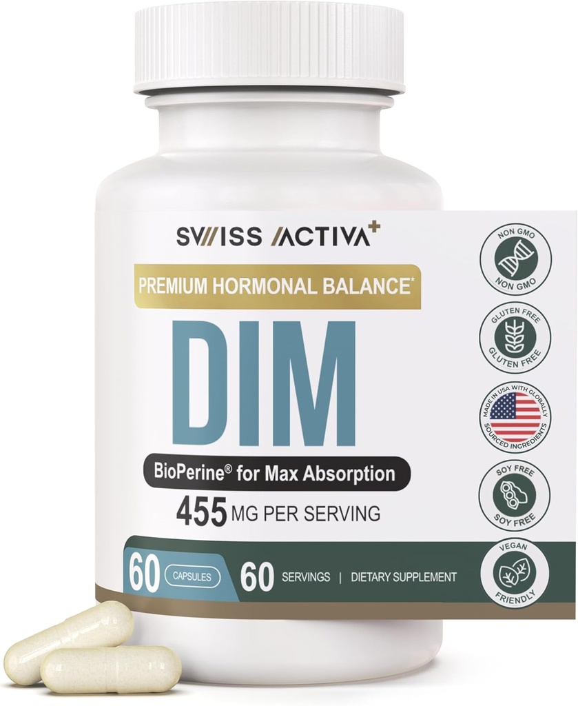 Swiss Activa+ Labs DIM Supplement – New Formula – Hormone Balance for Women & Men – Estrogen Supplement for Women and Men– Supports Hormonal Acne & Menopause Symptoms – 60 Days Supply