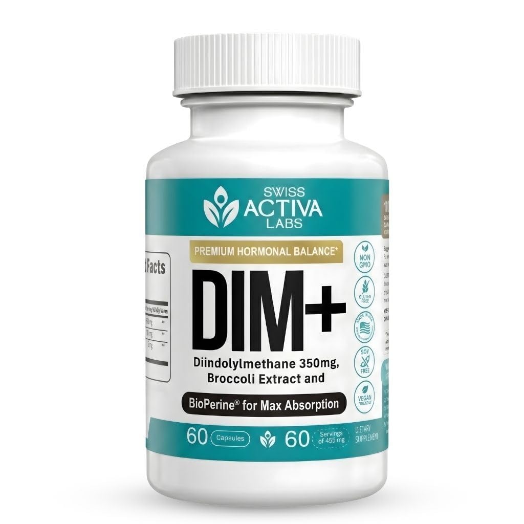 Swiss Activa+ Labs Supplément DIM – Nouvelle formule – Hormone Balance pour les femmes et les hommes – Supplément Estrogen pour les femmes et les hommes – Supporte les symptômes de l'acné hormonale et de la ménopause – 60 jours d'approvisionnement