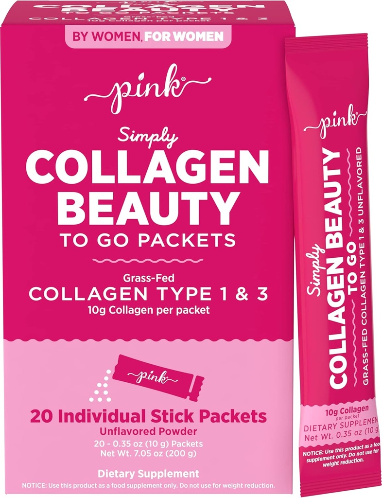 PINK en poudre de collagène pour aller 20 packets de voyage en poudre non aromatisée de type 1 et 3