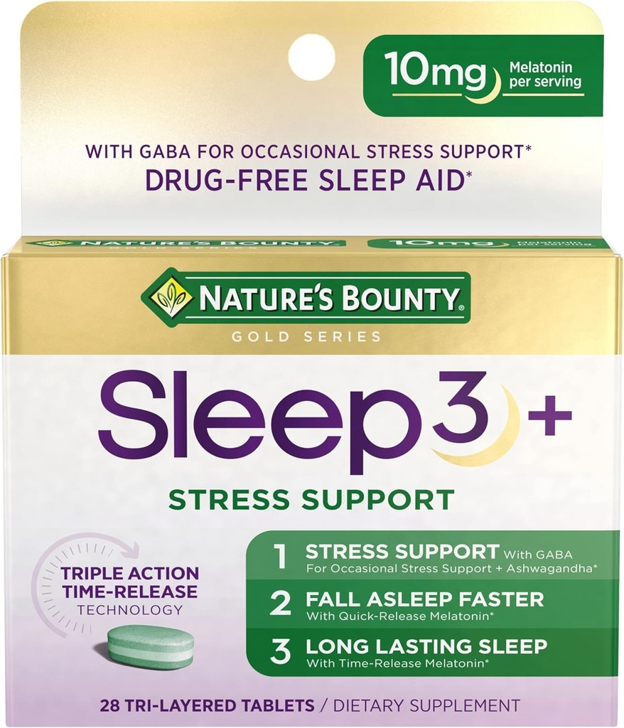 Nature's Bounty Sleep + Stress Support, Sleep3 Maximum Strength 100% Drug Free Sleep Aid, Dietary Supplement with Ashwagandha, Time Release Technology, 10mg, 28 Tri-Layered Tablets