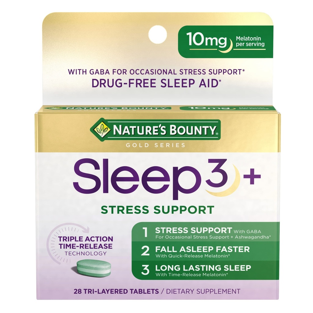 Nature's Bounty Sleep + Stress Support, Sleep3 Maximum Strength 100% sans médicament aide au sommeil, complément alimentaire avec Ashwagandha, technologie de libération du temps, 10mg, 28 comprimés tri-layered