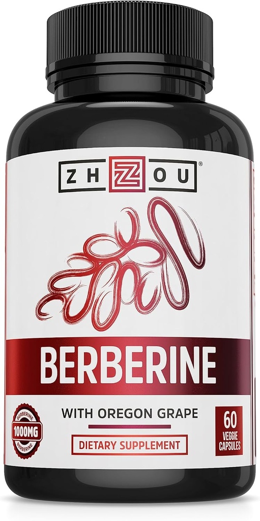 Zhou Berberine avec du raisin de l'Oregon - Supplément berbère pour les femmes et les hommes, Santé Gut, Fonction métabolique, Berberine 1000mg Par Capsule - 60 Capsules végétariennes (Pack de 1)