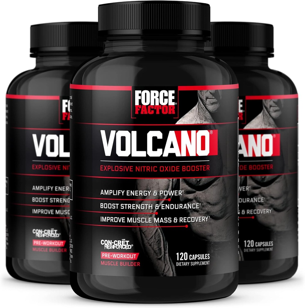 FORCE FACTOR Volcano Pre Workout Nitric Oxide Booster Supplément pour les hommes avec de la créatine et de la L-Citrulline pour aider à stimuler l'oxyde nitrique, l'énergie, construire des muscles et améliorer le flux sanguin, 120 Compte(paquet de 3)