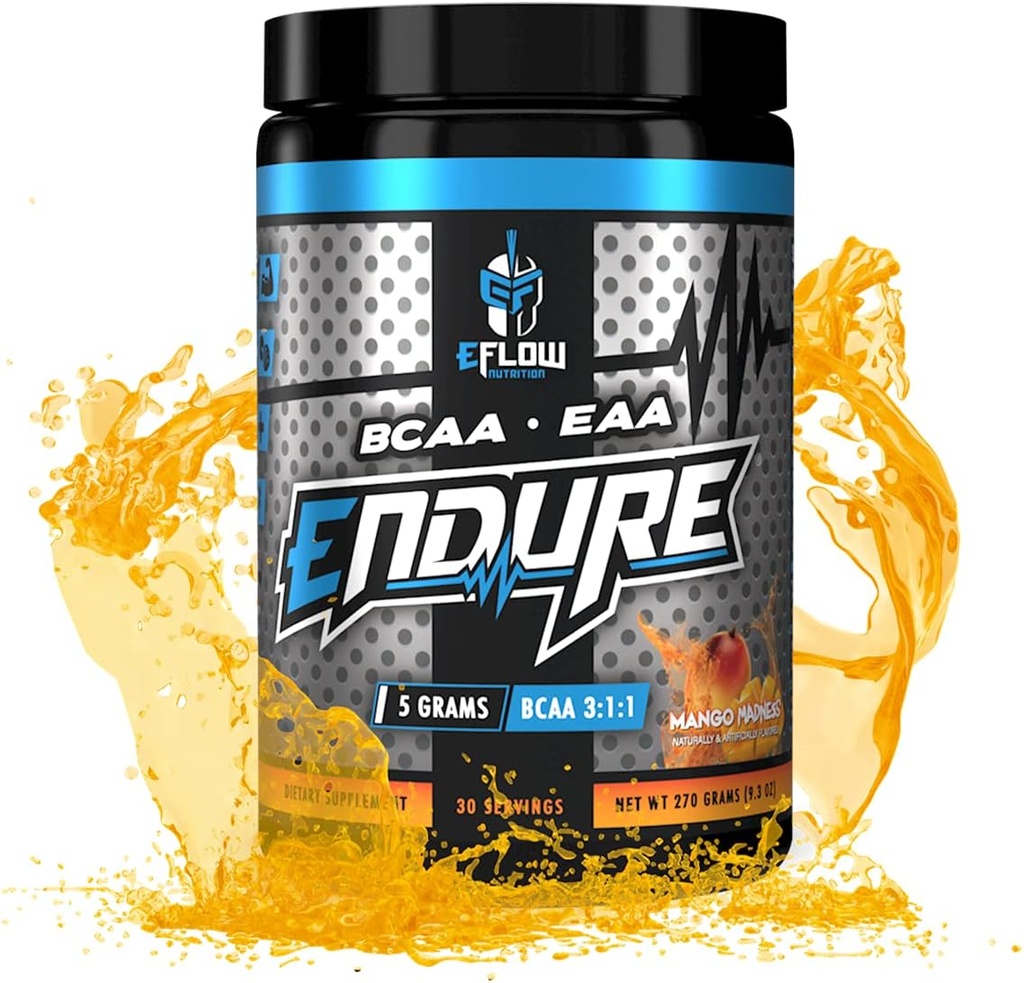 eFlow Nutrition Endure BCAA Plus EAA - Acides aminés essentiels Poudre d'électrolyte - Améliorer l'énergie, la récupération et la performance - Mango Madness (30 portions)