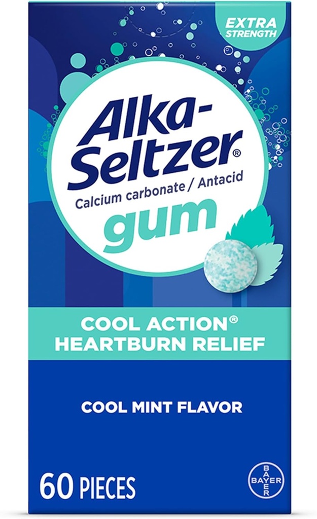 Alka-Seltzer Cool Action Heartburn Relief Gum, Gum antiacide extra-résistance, indigestion acide et soulagement de l'estomac relevé, pas de goût blanc, goût de menthe fraîche, 60 comte