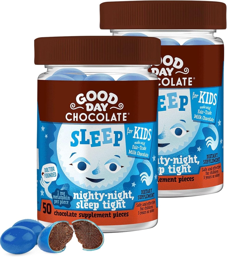 Good Day Chocolate Mélatonine pour les enfants [2 Pack] - Commerce équitable Chocolat non OGM avec la camomille et la mélatonine 1 mg - Mélatonine pour les enfants, aide naturelle au sommeil pour les enfants de 3 ans et plus