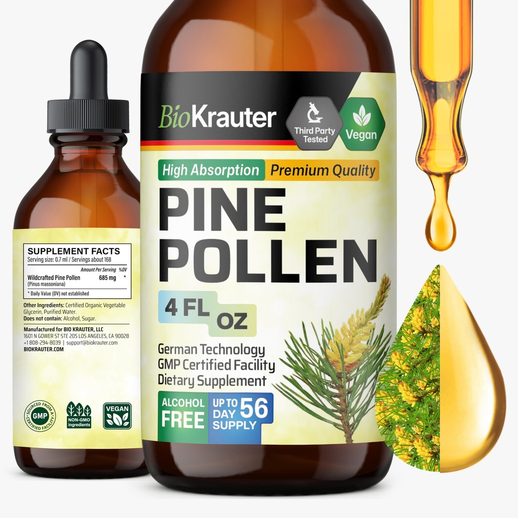 BIO KRAUTER Pine Pollen Tecture - Pine Pollen Poudre Extrait liquide pour le soutien immunitaire - Sans alcool et sans sucre supplément naturel à base de plantes - 4 Fl.Oz.