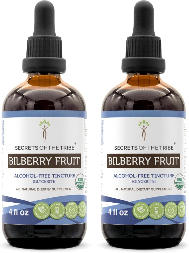Secrets of the Tribe Bilberry Fruit Extract liquide sans alcool, USDA Bilberry biologique (Vaccinium Myrtillus) Supplément de teinture de fruits séchés (2x4 FL OZ)