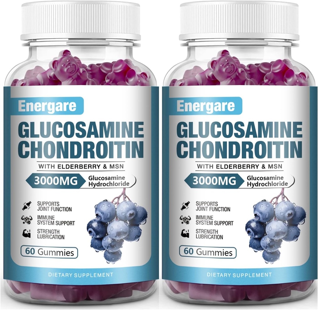2 Pack 3000mg Glucosamine Chondroïtine avec MSM Gummies & Elderberry, Extra Strength Joint Support Health, Flexibilité, Antioxydant, Supplément immunitaire Gummy pour adultes, hommes et femmes 120 Comtes