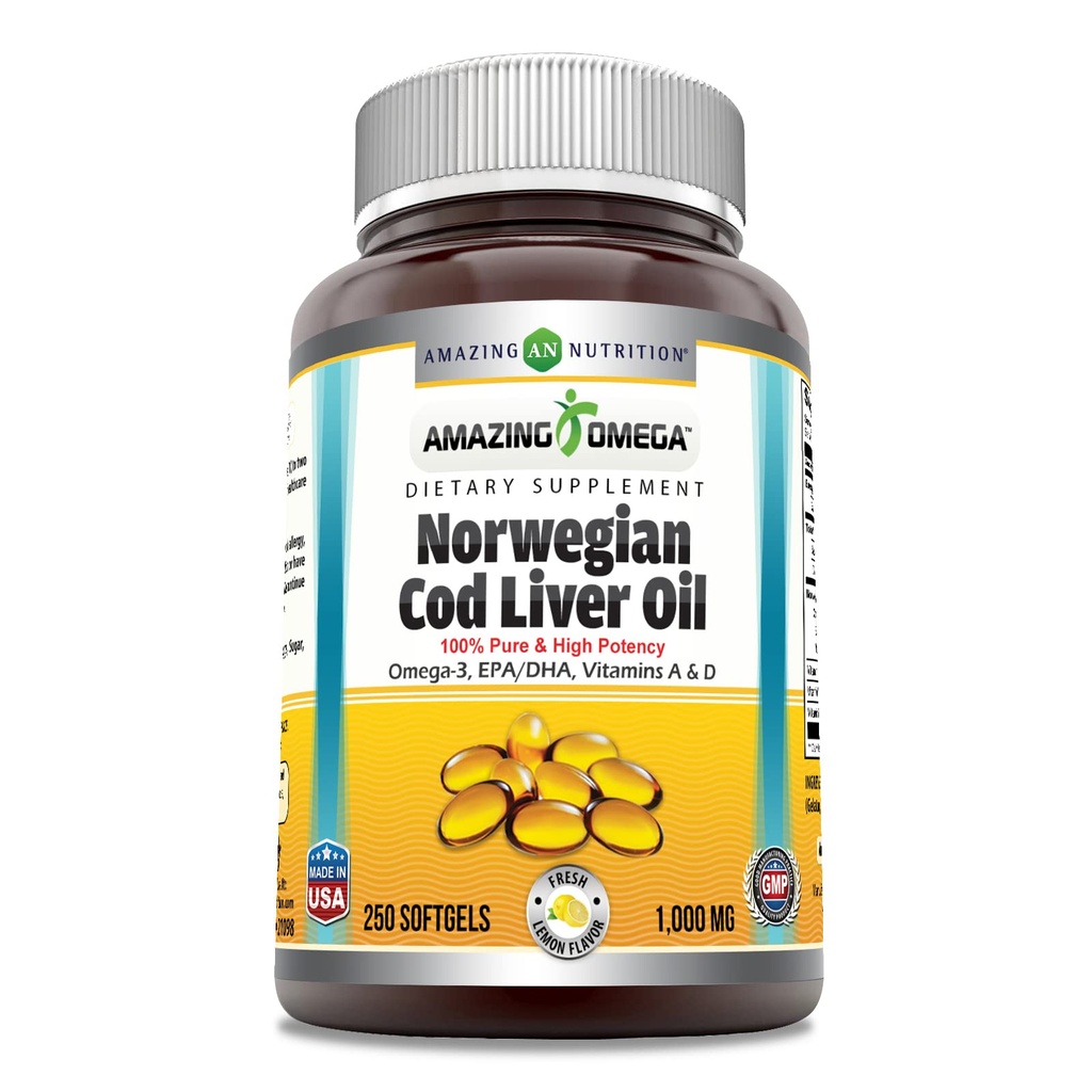 Incroyable Omega Norwegian Cod Huile de foie 1000 Mg 250 Softgels