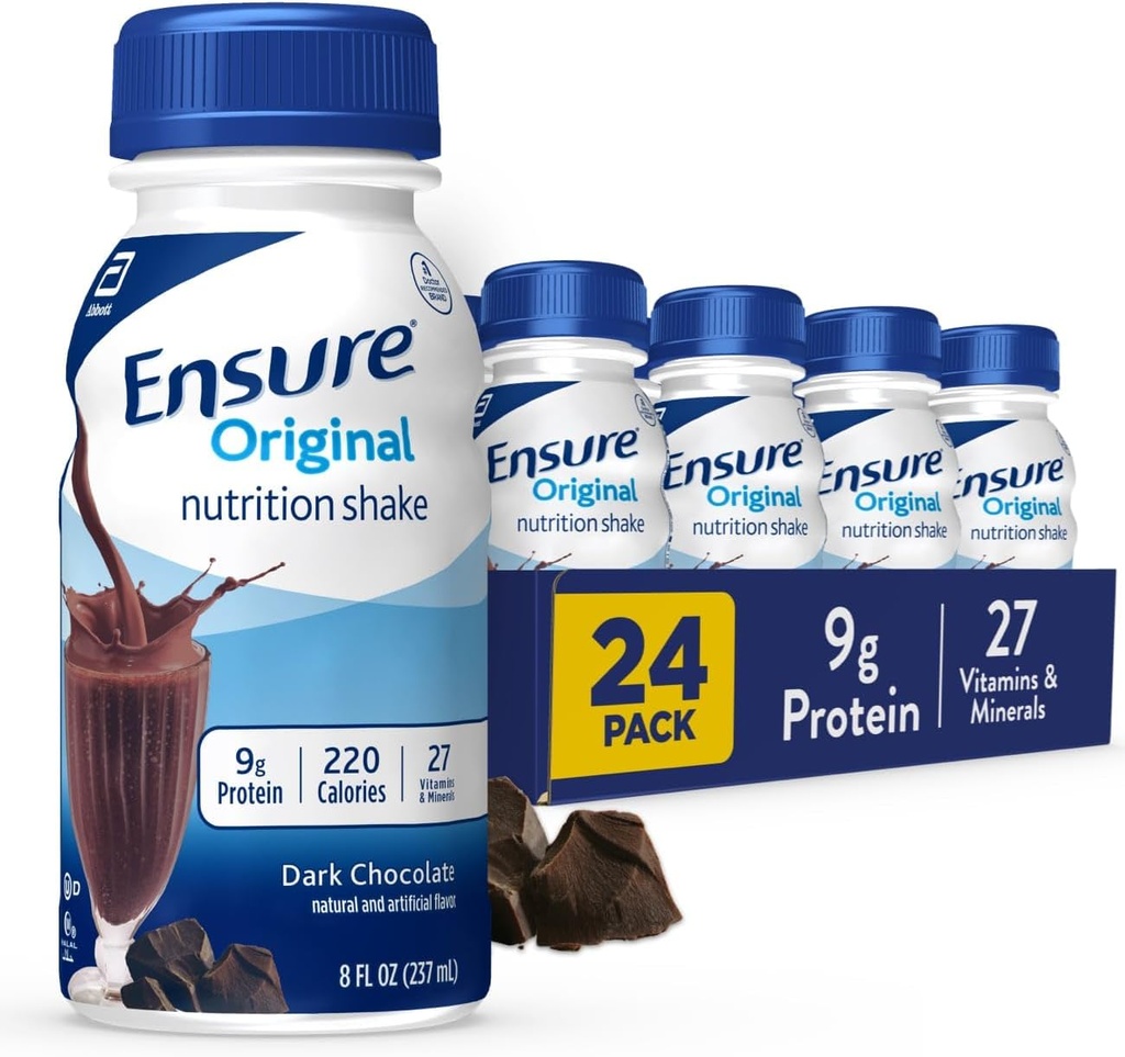 Ensure Original Dark Chocolate Nutrition Shake | Small Meal Replacement Shake | Ready To Drink | 9g Protein, 27 Vitamins and Minerals | 8 fl oz - 24 Pack
