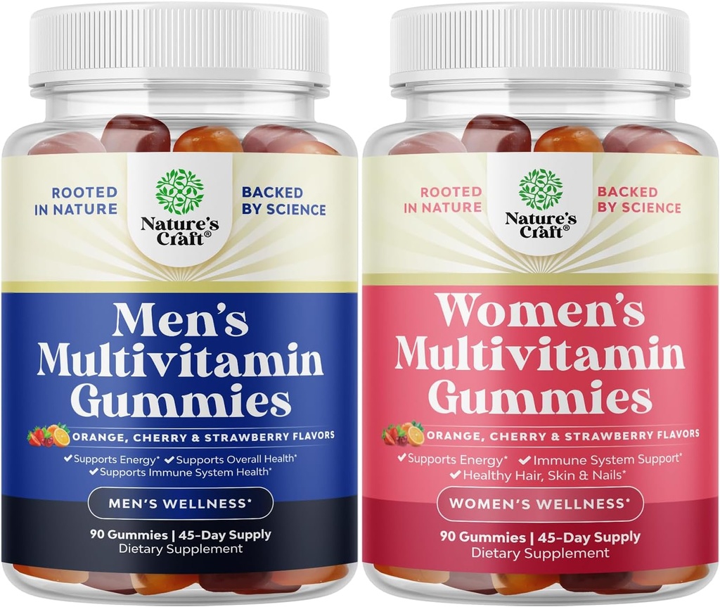 Ensemble de multivitamines quotidiennes masculines avec du zinc et de la biotine pour l'énergie et l'immunité et multivitamine quotidienne pour les femmes - Vitamines gommy pour la santé et le bien-être - Sans gluten et sans halal