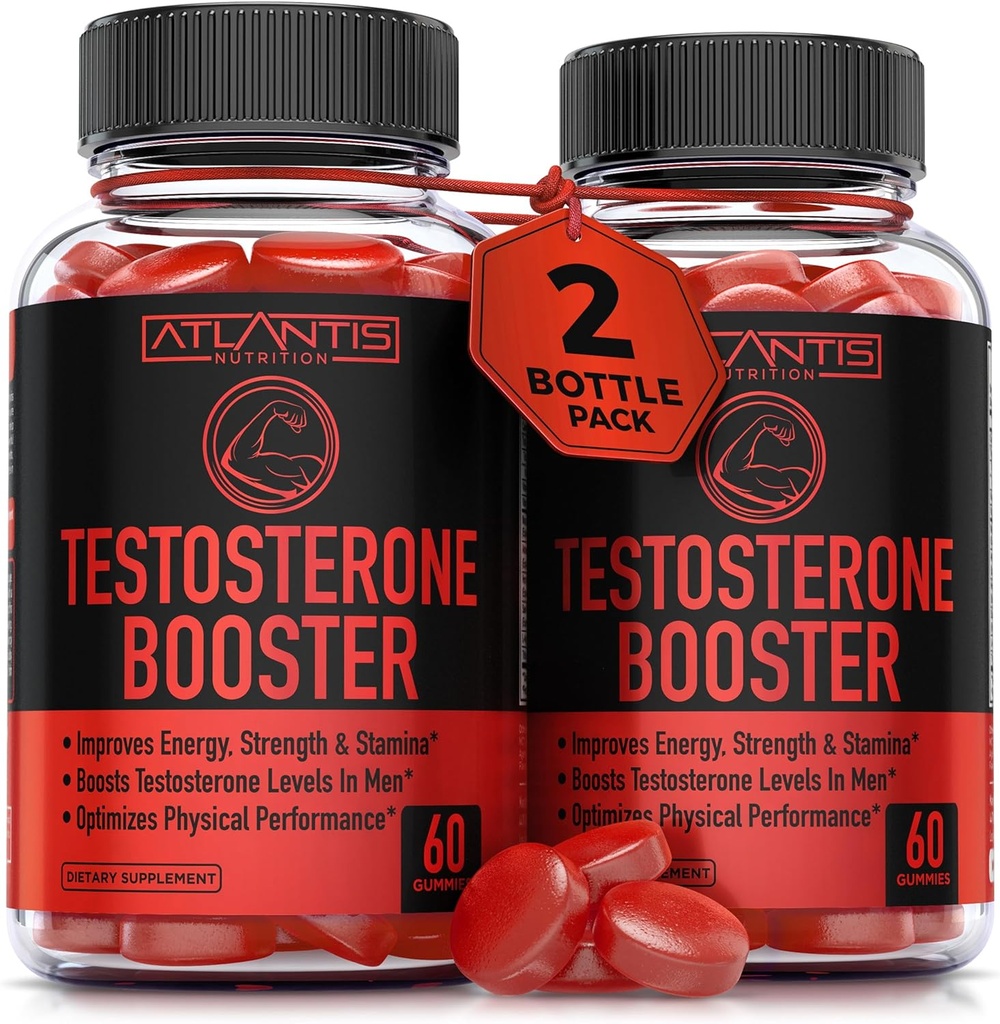 Atlantis Nutrition Testostérone Booster Gummies pour les hommes - Améliore la force et l'endurance - Optimise la performance et l'amélioration masculine - Fait avec Tribulus, l'herbe de chèvre en chaleur, Maca Root (120 Gummies)