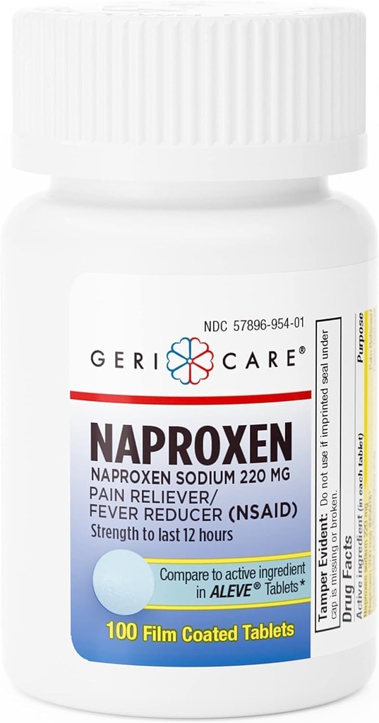Comprimés de sodium GeriCare Naproxen, 220mg (100 Nombre)- Soulagement de la douleur extra-strength de l'AINS pour les maux de tête, l'arthrite, les douleurs musculaires, les crampes menstruelles- Naproxène filmé, anti-inflammatoire et réducteur de fièvre