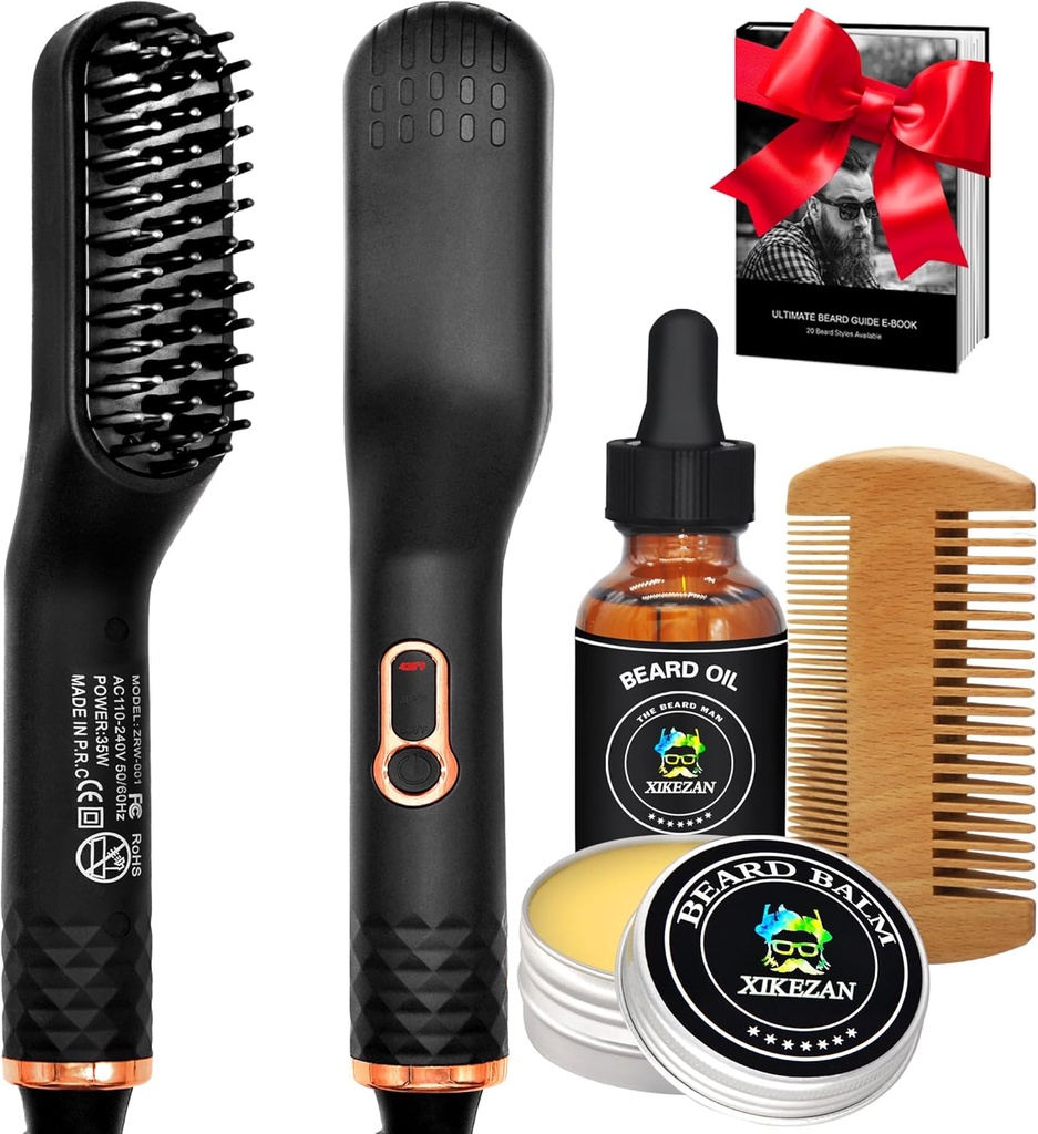 Redressement de barbe avec huile & baume & guide E-Book,Mise à niveau 3 en 1 Brosse Redressement de barbe Peigne Redressement de barbe,Unique Bas Stouffres Cadeaux pour les hommes Il Papa Maris Anniversaire Cadeaux de Noël
