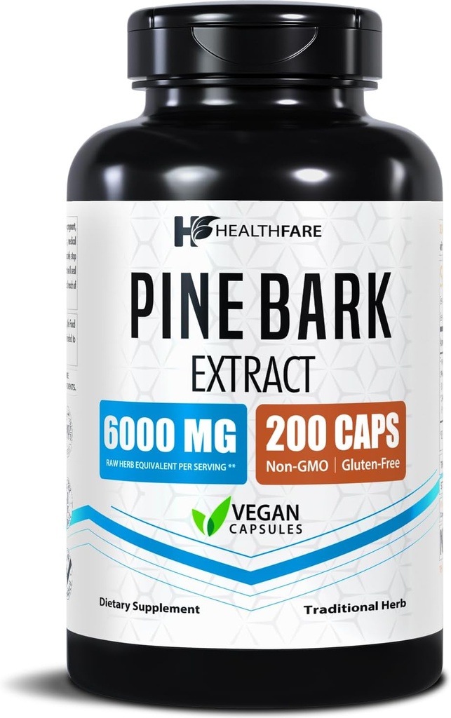 Healthfare Pine Bark Extract 6000mg Français Maritime , 200 Capsules Vegan , 95 % Standardisé OPC Proanthocyanidines , Supplément à base de plantes antioxydantes , Non-OGM , sans gluten , Fabriqué aux États-Unis