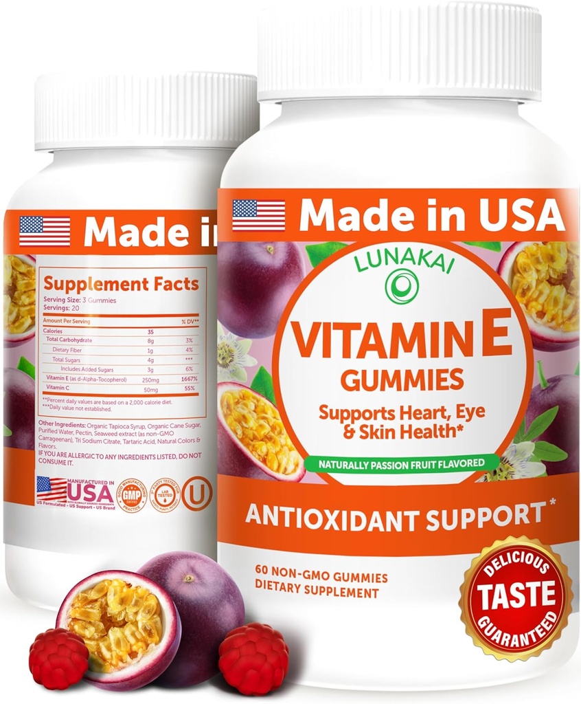Lunakai USA fait vitamine E Gummies 400IU avec vitamine C - Delicious, Vegan, Supplément non-OGM pour le soutien quotidien de la peau et des yeux, 60ct
