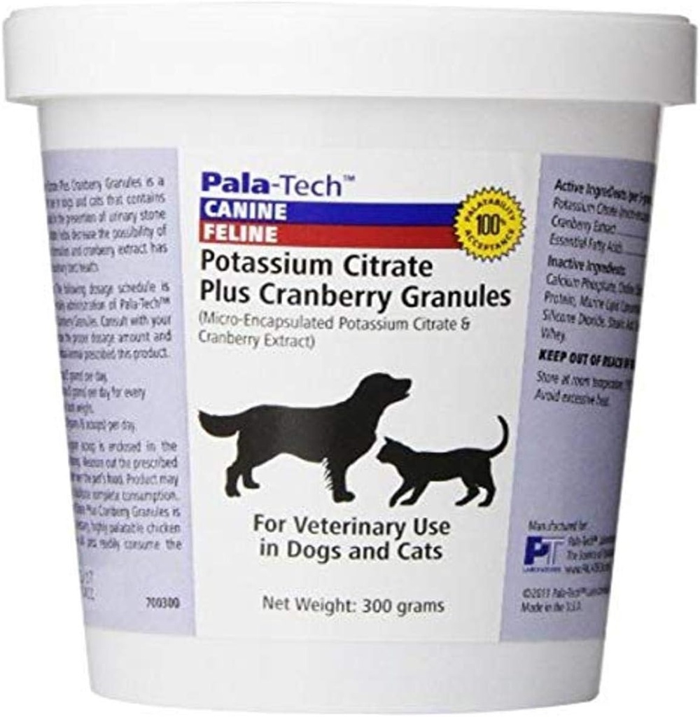 Citrate de potassium Pala-Tech Plus Granules de canneberges 300 gm - Traitement UTI pour chat et chien - Suppléments de tract urinaire pour chien pour la prévention de la pierre de Bladder (Fabriqué aux États-Unis)