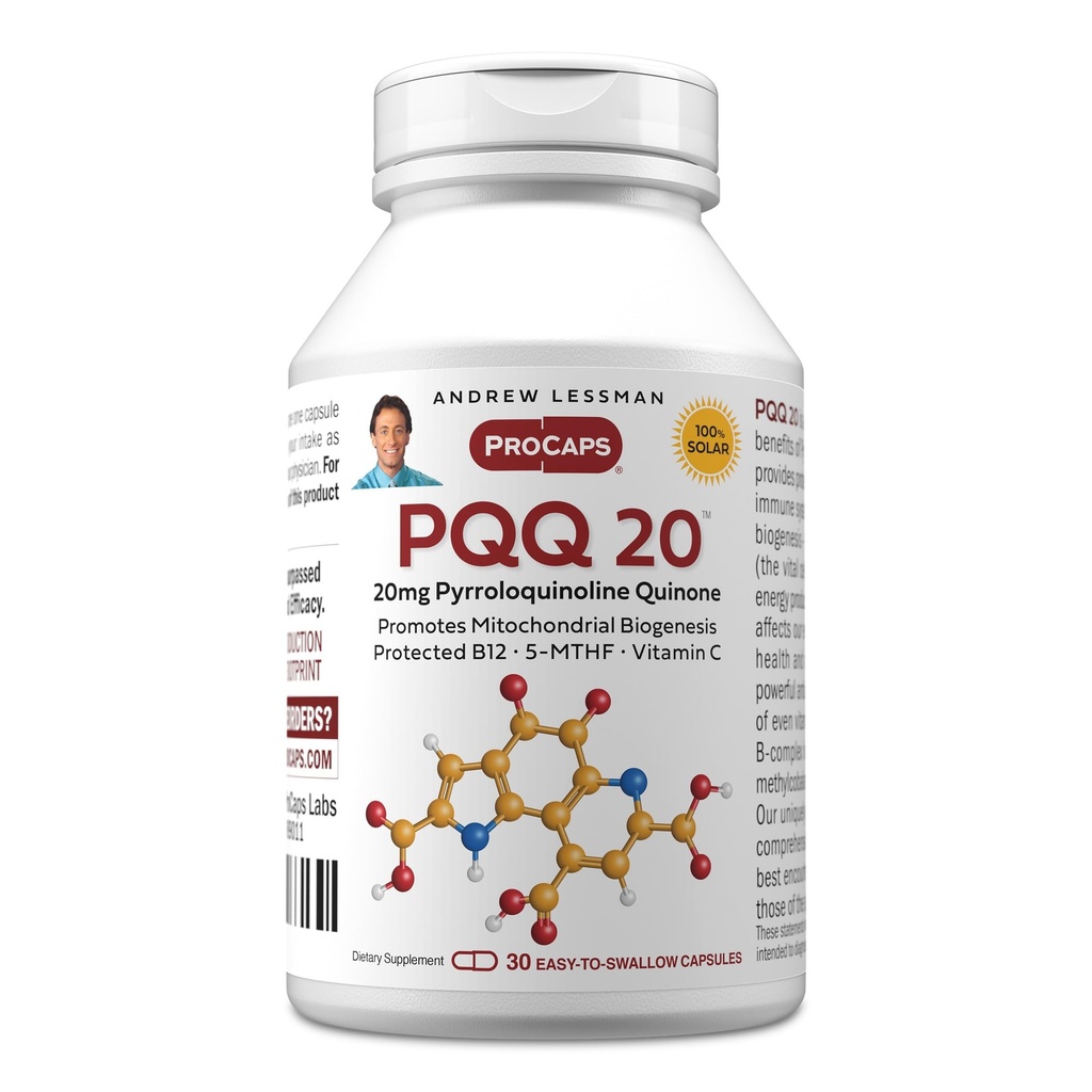 ANDREW LESSMAN PQQ 20mg - 30 Capsules - 20mg Pyrroloquinoline Quinone, Composé de protection naturelle soutient les organes vitaux, le cœur, le cerveau, le foie, le système immunitaire. Biogenèse mitochondriale, aucun additif