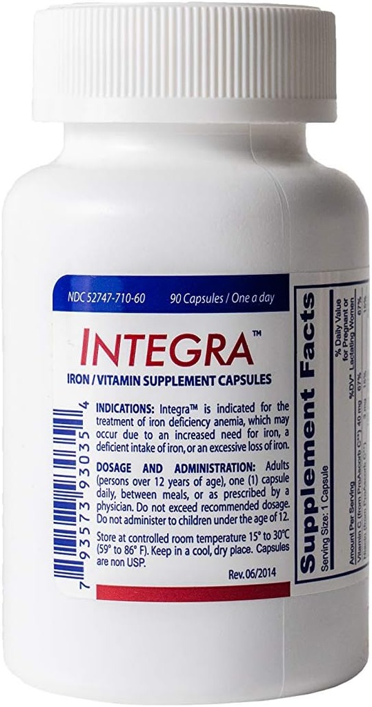 Integra (90)- Supplément en fer-Vitamine C- Complexe Ferreux Fumarate et Polysaccharide Fer